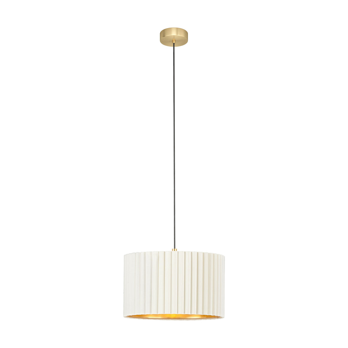 Birbenne Pendant Light in brushed brass with a fluted white velvet drum shade and gold-lined interior, hung from a black cord on a round ceiling canopy against a plain white background.