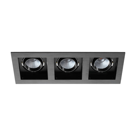 Black rectangular Biscari LED downlight, 33cm, with three round spot modules in square cast aluminium housings, dark brushed finish, on white background.