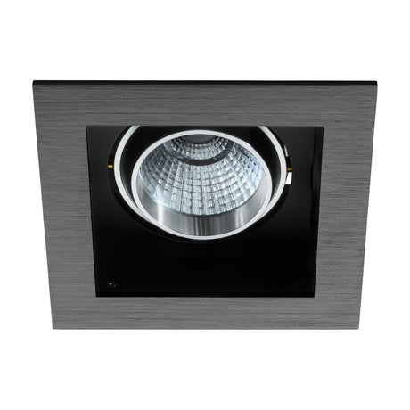 Biscari LED Downlight, square recessed fitting with brushed black aluminium trim and inner housing surrounding a silver faceted reflector, shown on a plain white background.