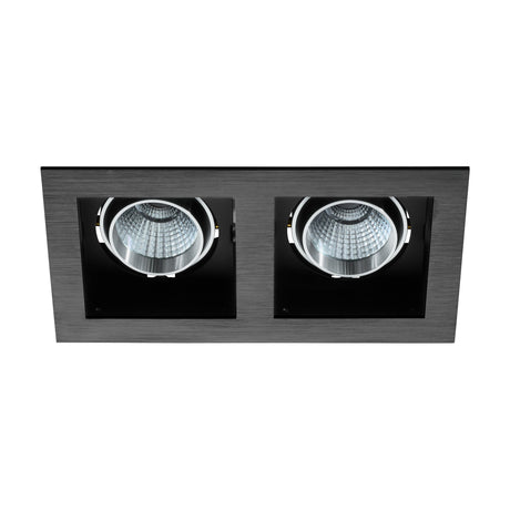 Biscari LED downlight in brushed black aluminium with two square recessed openings, each housing a round adjustable LED module behind clear glass, shown on a plain white background.