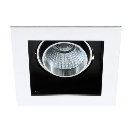 Biscari LED Downlight IP20 in white, a square recessed fixture with a white trim, black inner housing, and adjustable faceted reflector, shown on a plain white background.