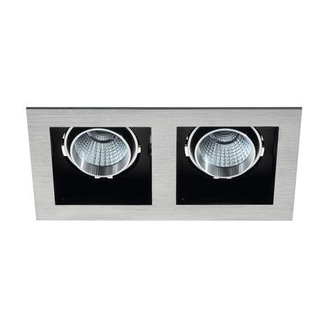 Biscari LED Downlight, a rectangular recessed twin downlight with two square black inner cells and adjustable LED heads, set in a brushed aluminium trim on a plain white background.