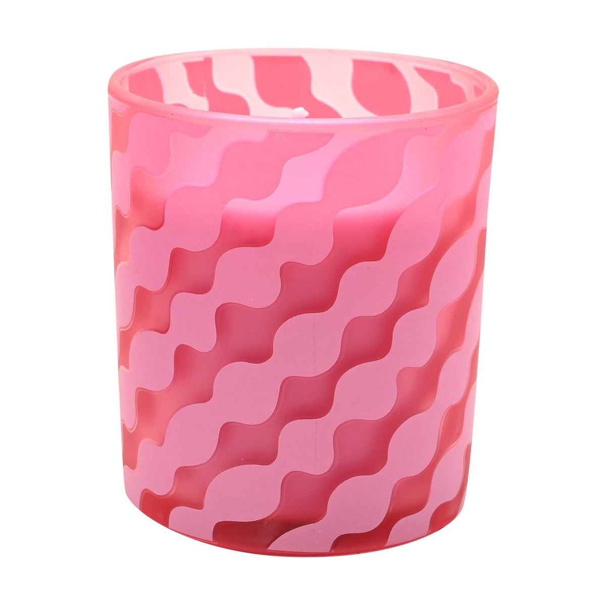 Dream Big Wavy Stripe Round Scented Candle in pink glass with diagonal wavy stripe pattern, visible wick, on a plain white background.