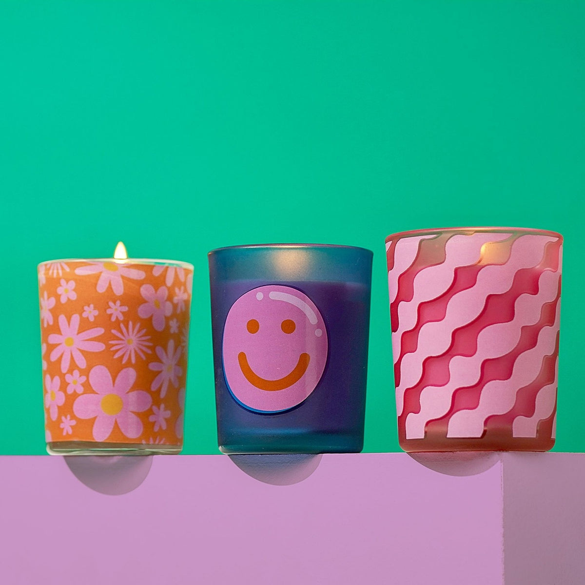 Mood Matching Trio of Wave, Smiley and Daisy Scented Candles