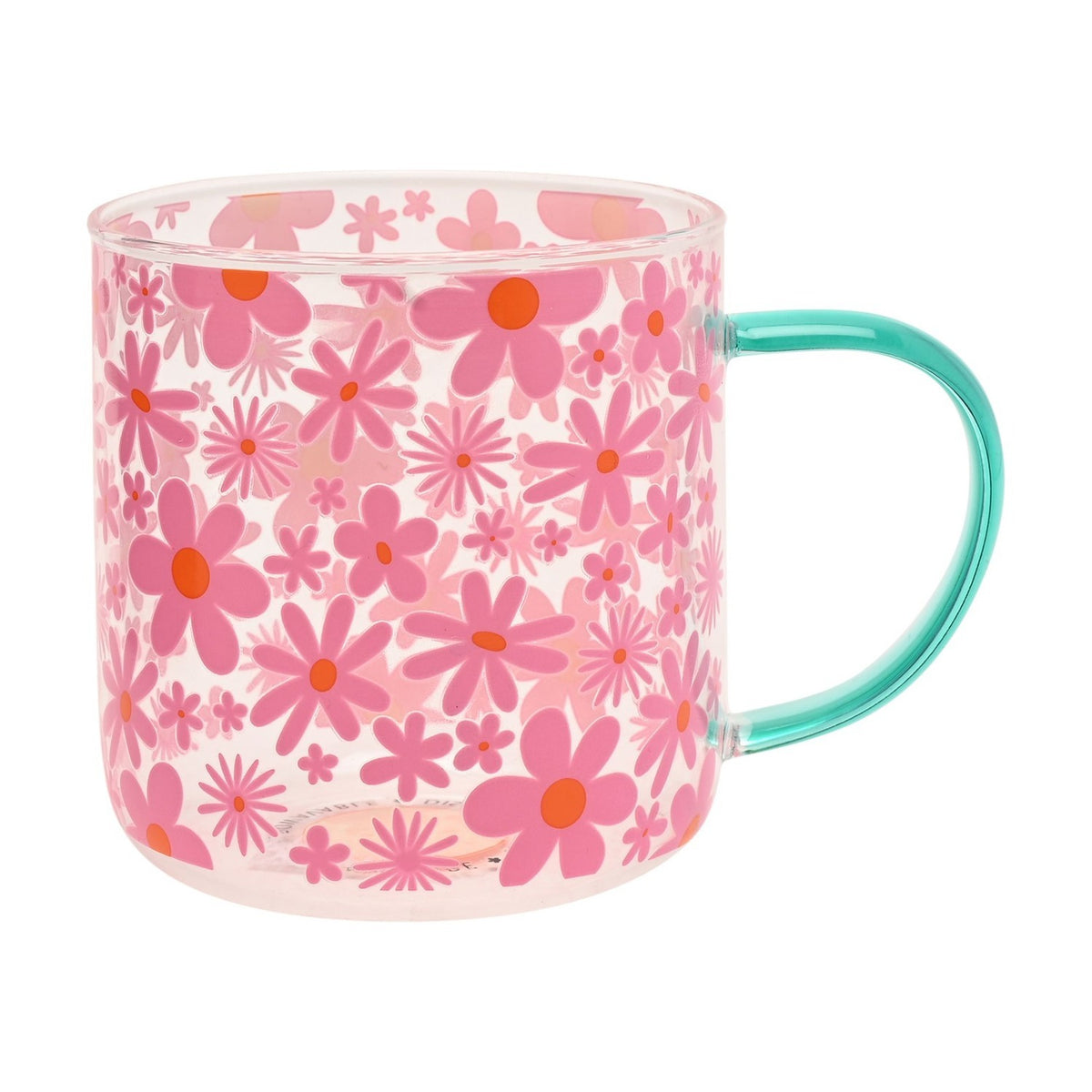 Pink and Orange Floral Print Glass Mug with Teal Handle