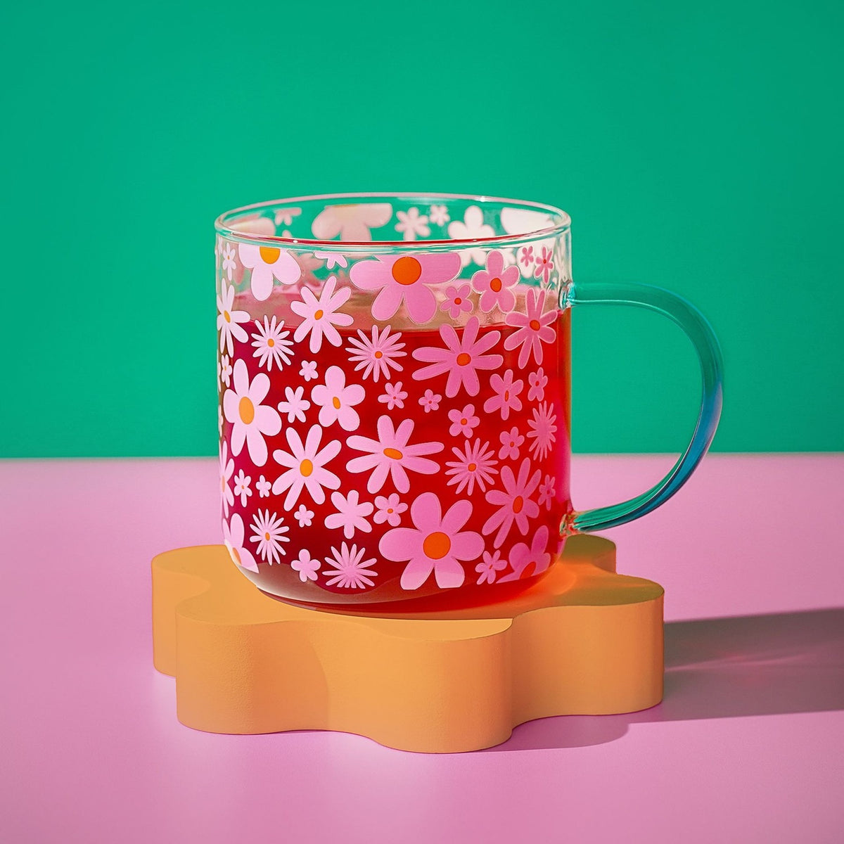 Pink and Orange Floral Print Glass Mug with Teal Handle