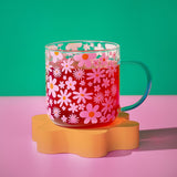 Pink and Orange Floral Print Glass Mug with Teal Handle