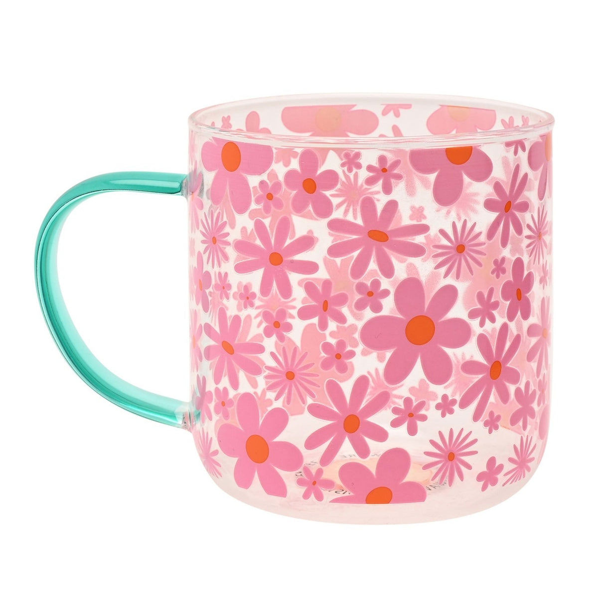 Pink and Orange Floral Print Glass Mug with Teal Handle
