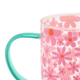 Pink and Orange Floral Print Glass Mug with Teal Handle