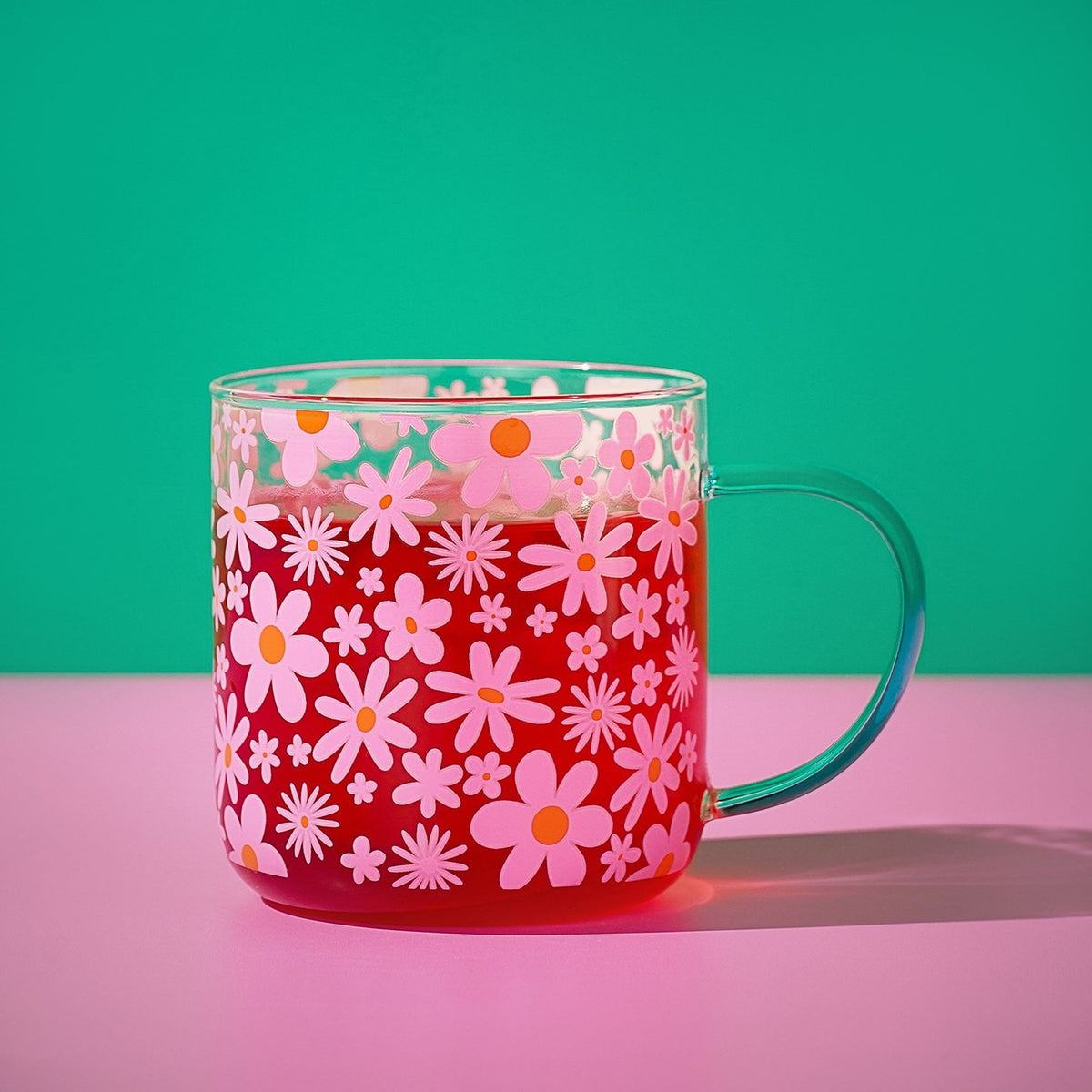 Pink and Orange Floral Print Glass Mug with Teal Handle