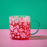Pink and Orange Floral Print Glass Mug with Teal Handle