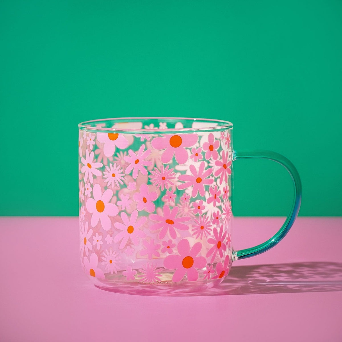 Pink and Orange Floral Print Glass Mug with Teal Handle