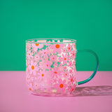 Pink and Orange Floral Print Glass Mug with Teal Handle