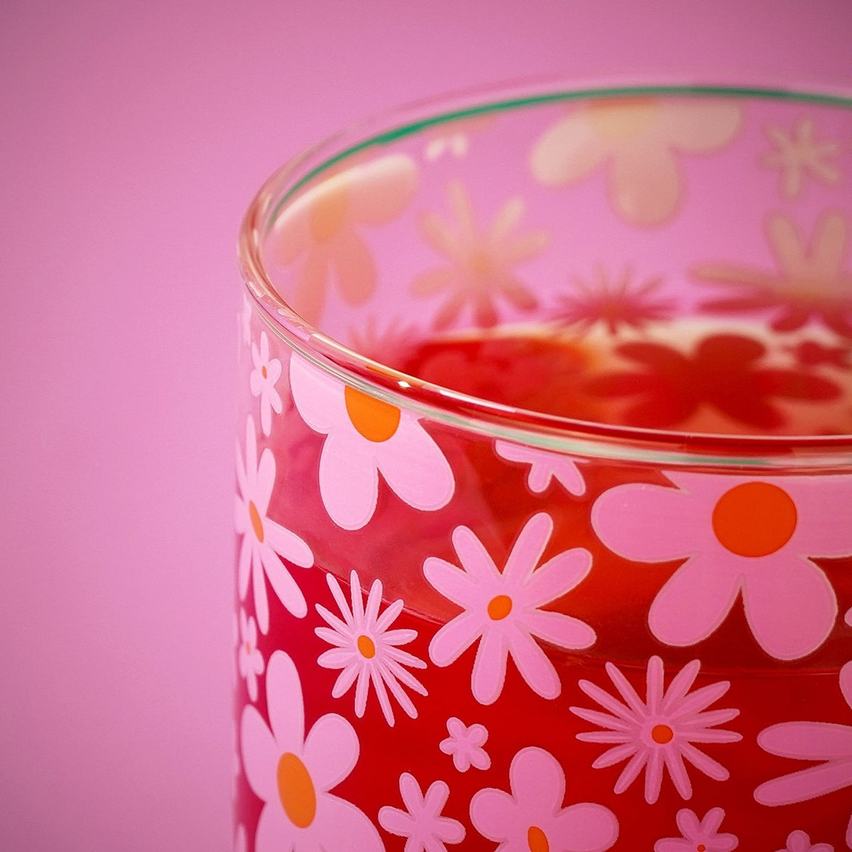 Pink and Orange Floral Print Glass Mug with Teal Handle