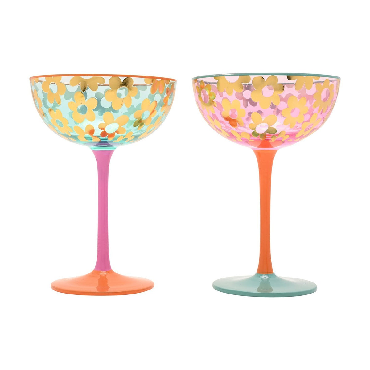 Set of 2 Gold Daisy Champagne Coupes with Coloured Stems 160ml