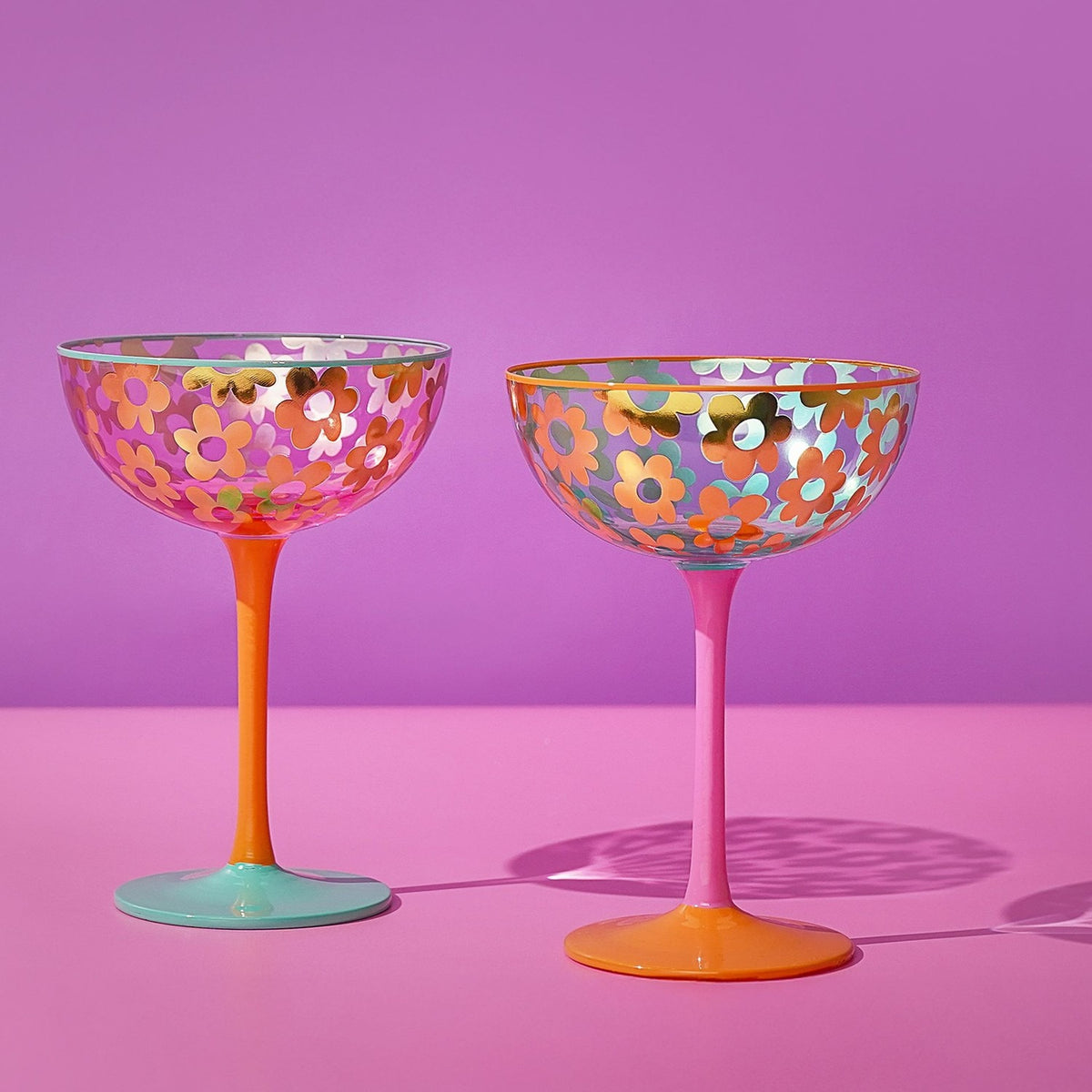 Set of 2 Gold Daisy Champagne Coupes with Coloured Stems 160ml