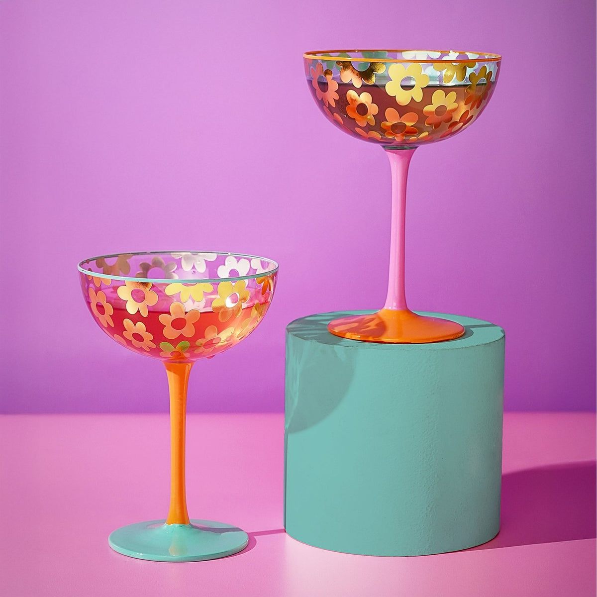 Set of 2 Gold Daisy Champagne Coupes with Coloured Stems 160ml