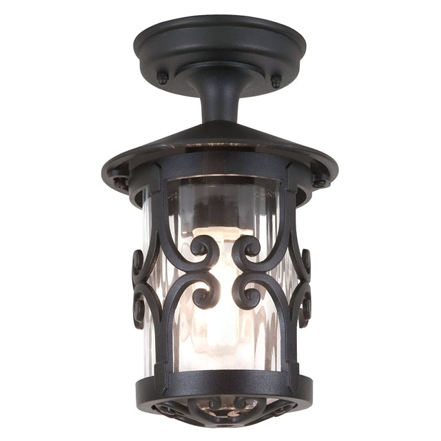 The Hereford-1 1 Light Outdoor Porch Lantern in black features a vintage-style design with traditional lantern elements, including decorative scrollwork and a clear cylindrical glass shade that beautifully displays a visible bulb. Ideal for outdoor use, this fixture exudes the timeless elegance of a classic porch light.