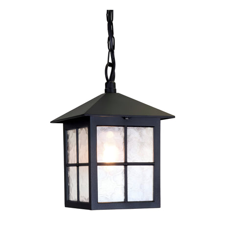 The Winchester 1 Light Outdoor Chain Pendant in Black features a pyramid-shaped roof and hangs securely from a link chain. Made from die-cast aluminum, it boasts a square design with clear glass panels, showcasing a visible light bulb inside for a simple yet traditional charm.