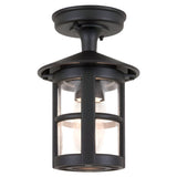 The Hereford-2 1 Light Outdoor Porch Lantern - Black is an outdoor ceiling fixture with a semi-flush mount design, evoking the style of traditional English lanterns. It features a cylindrical glass enclosure and crossbar frame, accentuating the single bulb inside for sophisticated outdoor illumination.