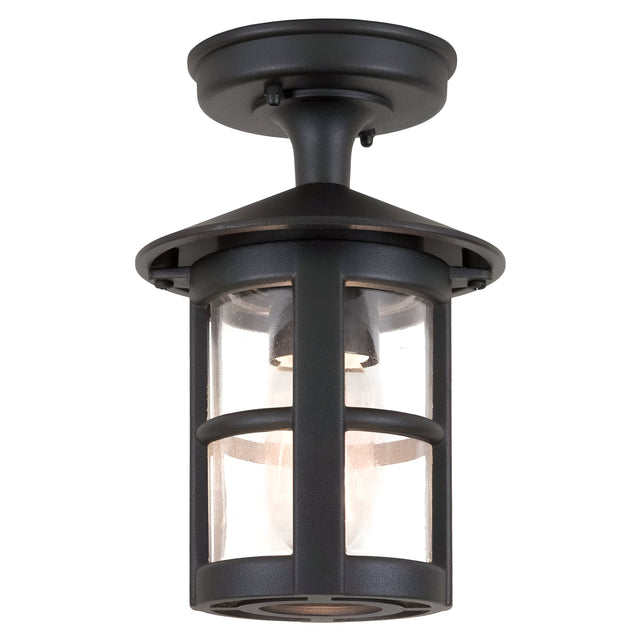 The Hereford-2 1 Light Outdoor Porch Lantern - Black is an outdoor ceiling fixture with a semi-flush mount design, evoking the style of traditional English lanterns. It features a cylindrical glass enclosure and crossbar frame, accentuating the single bulb inside for sophisticated outdoor illumination.