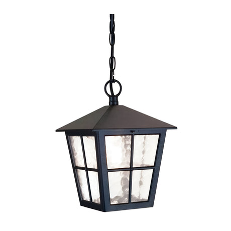 The Canterbury 1 Light Outdoor Chain Pendant - Black is a stylish metal lantern ideal for outdoor lighting. Featuring a pyramidal roof and four glass panels, it provides a soft glow. The lantern's elegant chain design adds charm to any space.