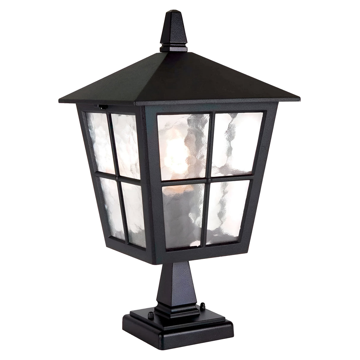 The Canterbury Outdoor Pedestal Lantern - Black showcases its British design with a stylish black frame and pointed top. With four frosted glass panels divided into sections, this lantern offers a classic, elegant appearance. Its durable construction ensures it stands out against a plain white backdrop.