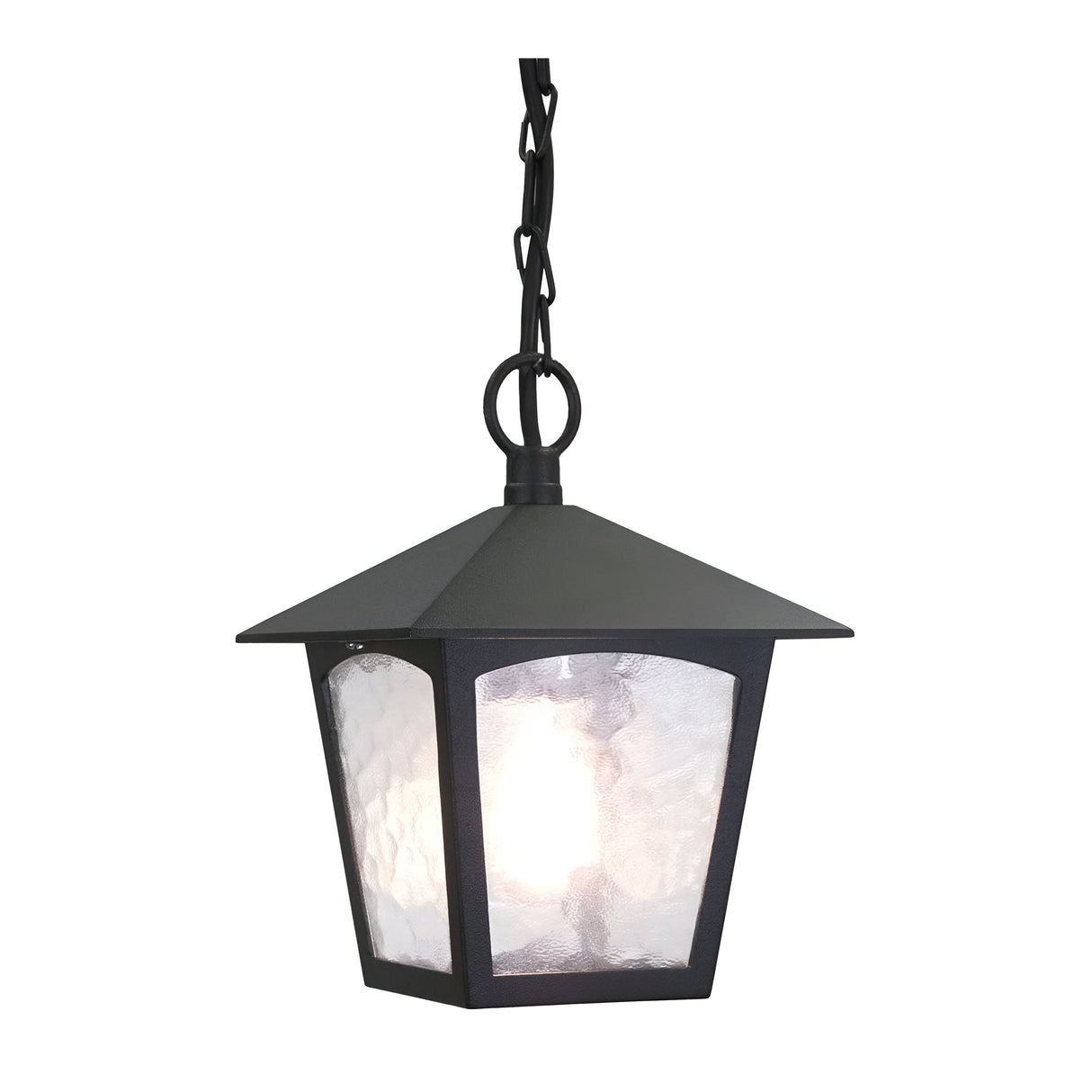 The York 1 Light Outdoor Chain Light in black offers a vintage aesthetic ideal for outdoor settings. It boasts a lantern-style design with a pyramid-shaped roof and clear textured glass panels, allowing the light bulb to shine through with elegance.