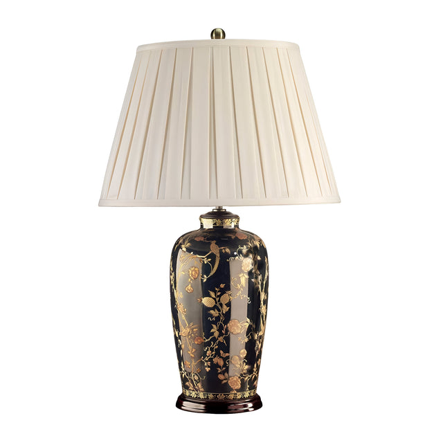 Product Name: Black Birds Table Lamp - Black & Gold, boasting a decorative black and gold floral and bird patterned base with intricate traditional Chinese craftsmanship, highlighted by a wide pleated white lampshade.