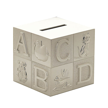 Silverplated cube-shaped money box styled as a child's letter block, with embossed A, B, C, D letters and apple, teddy bear, cat and duck motifs, shown on a plain white background.