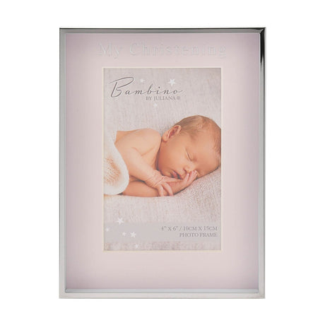 Rectangular metal photo frame with pale pink mount, silver edging, and "My Christening" lettering, holding a 6 x 4in photo, shown on a white background.