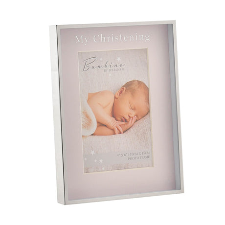 My Christening metal photo frame, 6x4in, with pink mount, silver "My Christening" text and edging, in a box-style rectangular frame on a white background.