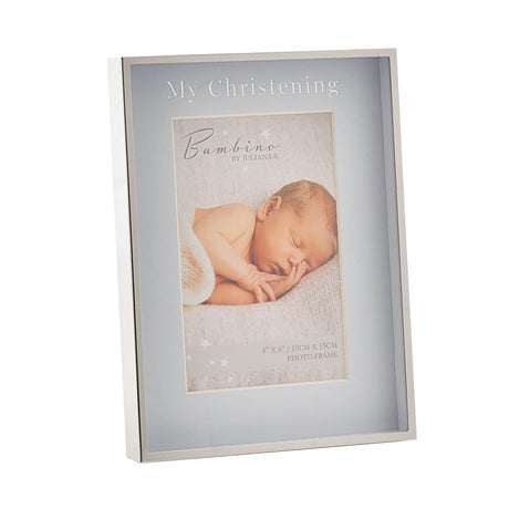 My Christening metal photo frame in silver with pale blue mount, 6 x 4in portrait opening, shown at an angle on a plain white background.
