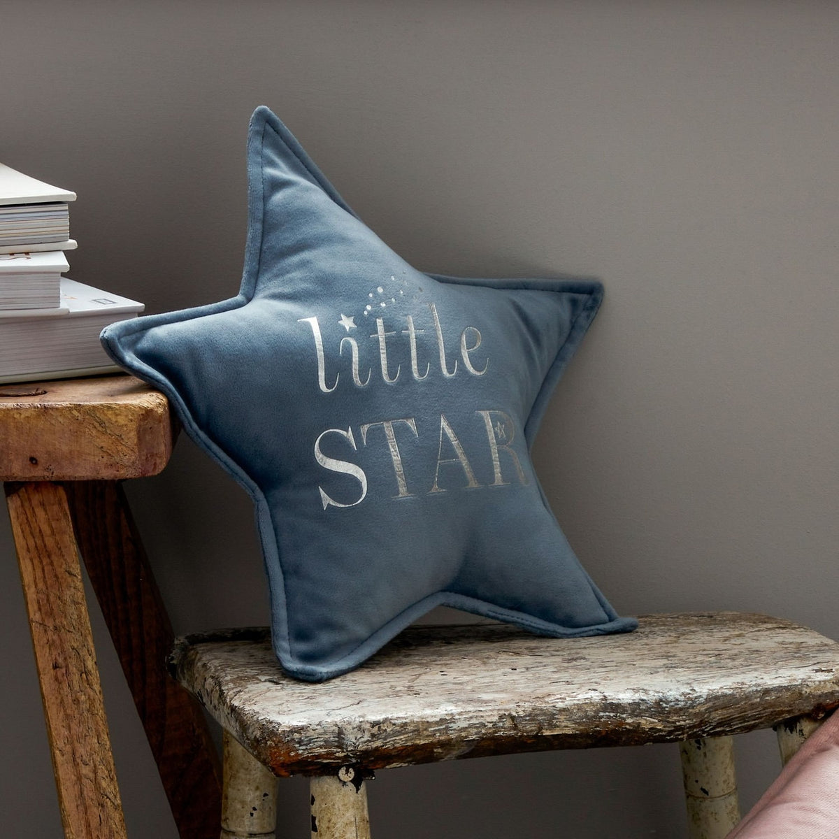 Little Star Velvet Cushion with Silver Letters 30.1cm - Blue