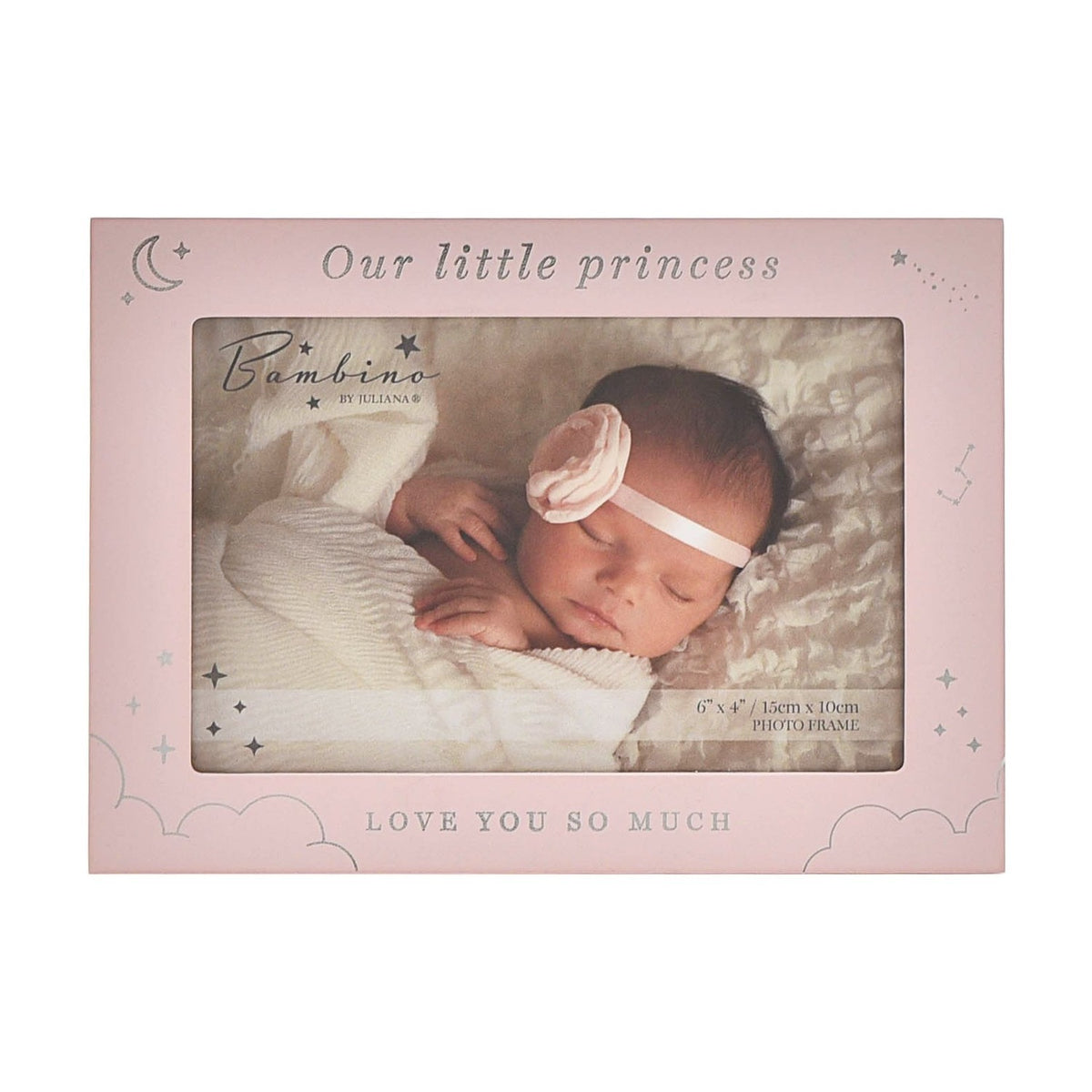 Pink MDF rectangular photo frame with "Our little princess" and "Love you so much" text, moon, stars and cloud details, holding a 6x4in photo of a sleeping baby.