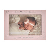 Pink MDF rectangular photo frame with "Our little princess" and "Love you so much" text, moon, stars and cloud details, holding a 6x4in photo of a sleeping baby.