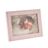 Pink MDF rectangular photo frame, 6 x 4in, with "Our little princess" and "Love you so much" text, moon, stars and cloud details, shown with a sample baby photo.