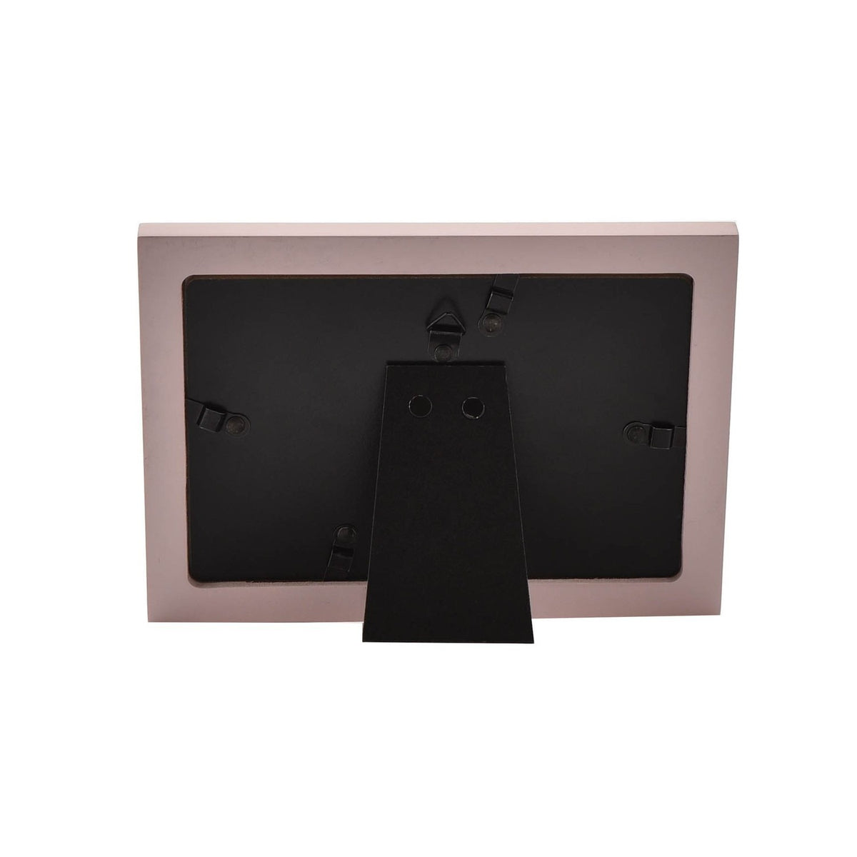 Back view of the Our Little Princess 6 x 4in pink MDF photo frame, showing a fold-out black stand and two wall-mount hooks on a white background.