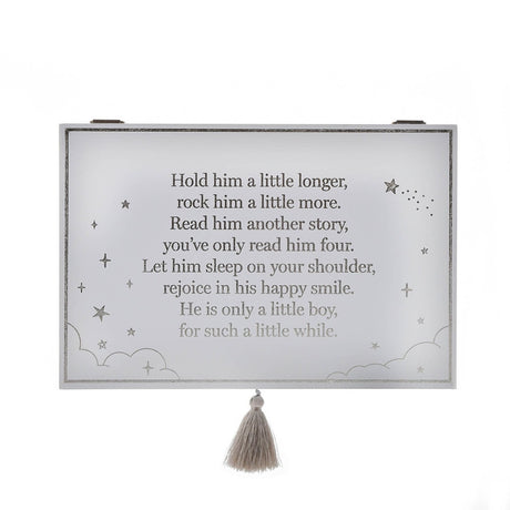 Rectangular MDF keepsake box in blue with matt finish, silver-bordered lid printed with a verse about rocking a little boy, star and cloud details, grey tassel, on a plain white background.