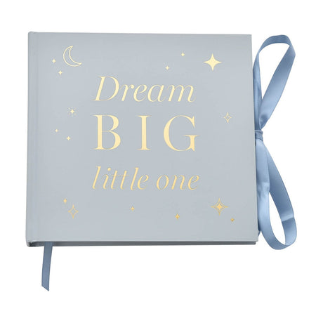 Pale blue baby photo album with gold "Dream BIG little one" text, moon and star details, and a blue ribbon tie, shown on a white background.