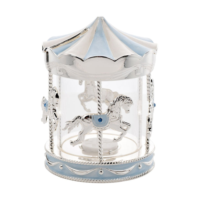 Silverplated carousel horses money box with a scalloped silver and pale blue canopy roof, twisted centre poles, and blue stone saddles, shown on a plain white background.