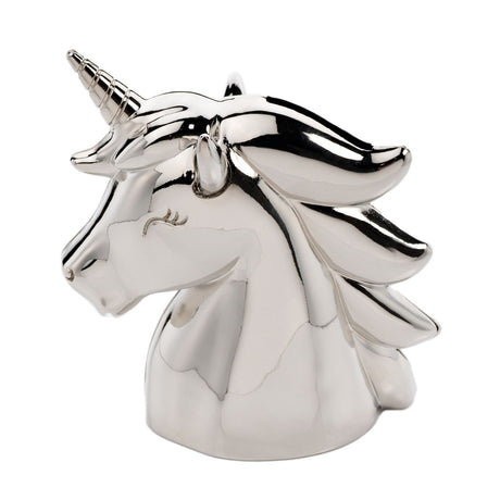 Unicorn Head Shiny Silverplated Metal Money Box in silver, featuring a spiralled horn, pointed ears, closed eye with lashes, and a sculpted flowing mane, on a plain white background.