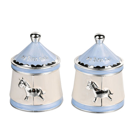 Carousel Silverplated Tooth and Curl Keepsake Box Set in Blue, two round cream boxes with blue pointed roof lids, silver knobs and horse emblems, shown on a white background.