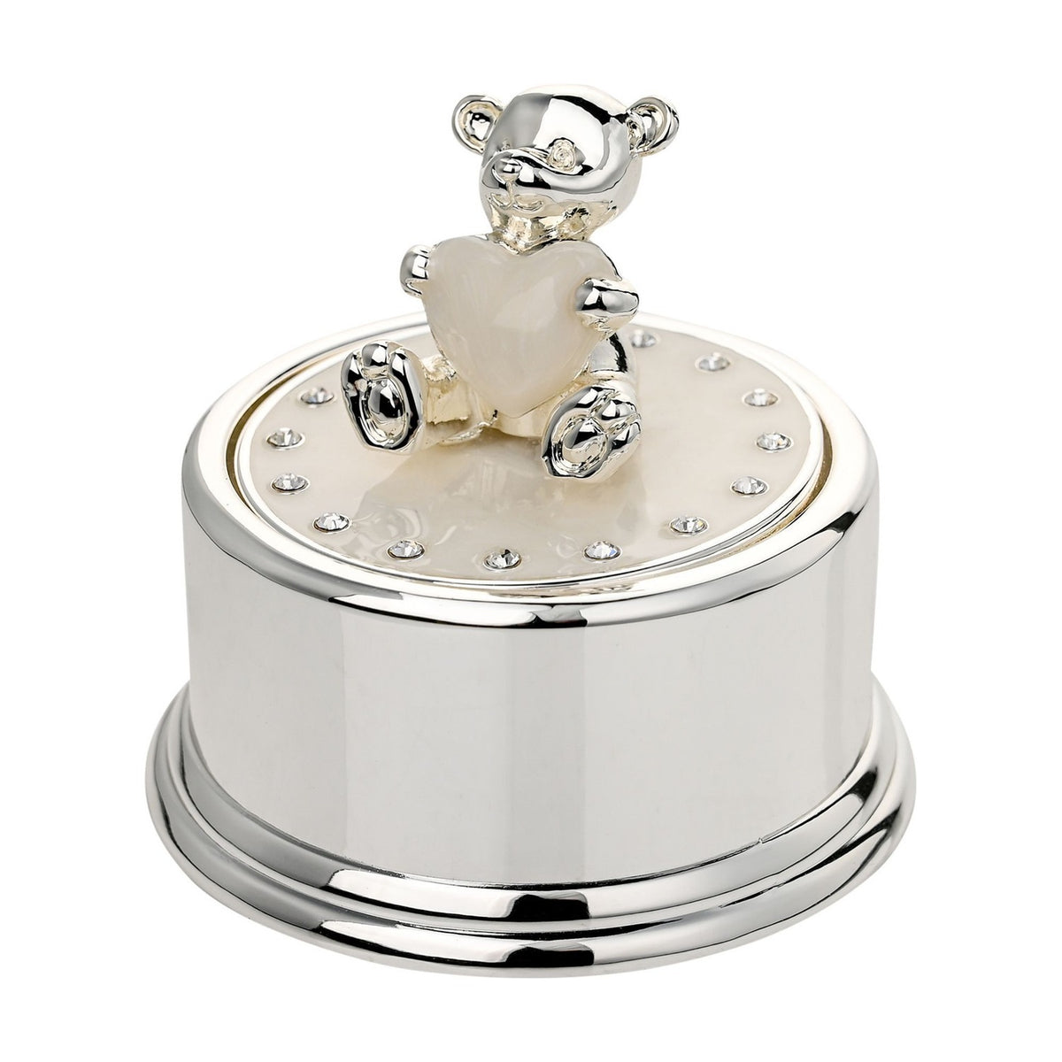 Teddy Bear and Heart Round Silverplated Music Box - Silver
