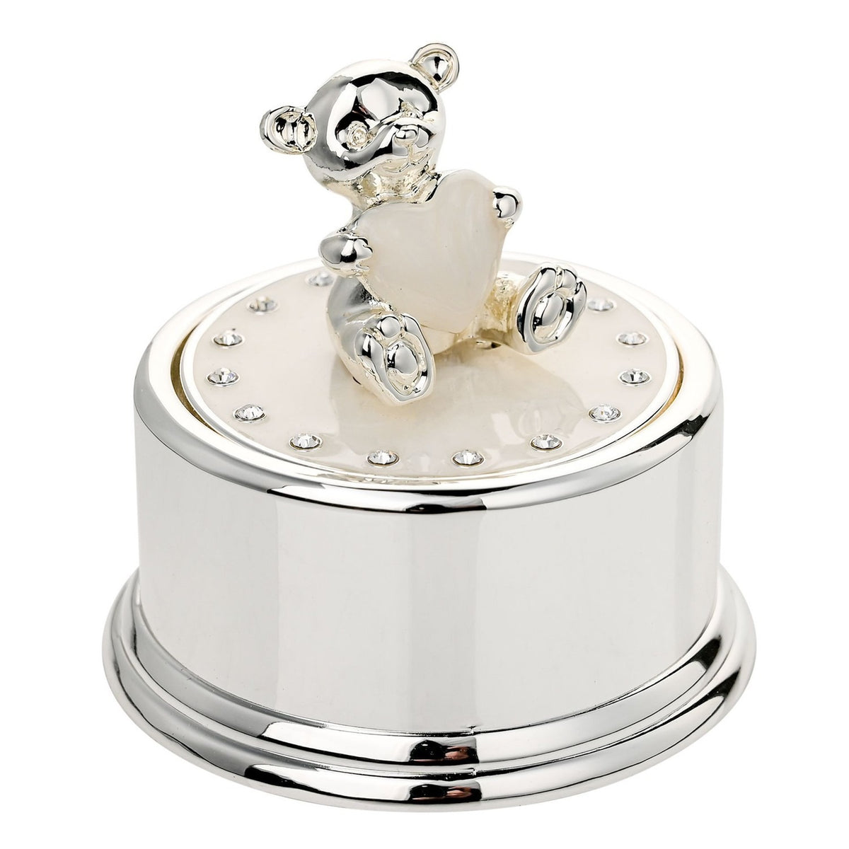Teddy Bear and Heart Round Silverplated Music Box - Silver