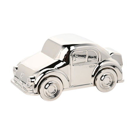 Classic Car Silverplated Money Box with stopper, a vintage-style car shape with domed roof, panelled door and ribbed tail, shown in shiny silver finish on a plain white background.