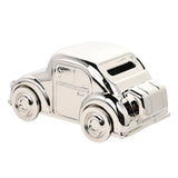 Classic Car Silverplated Money Box with Stopper in a vintage car shape, featuring a domed roof, round headlamps, panelled door and ribbed tail, shown on a plain white background.