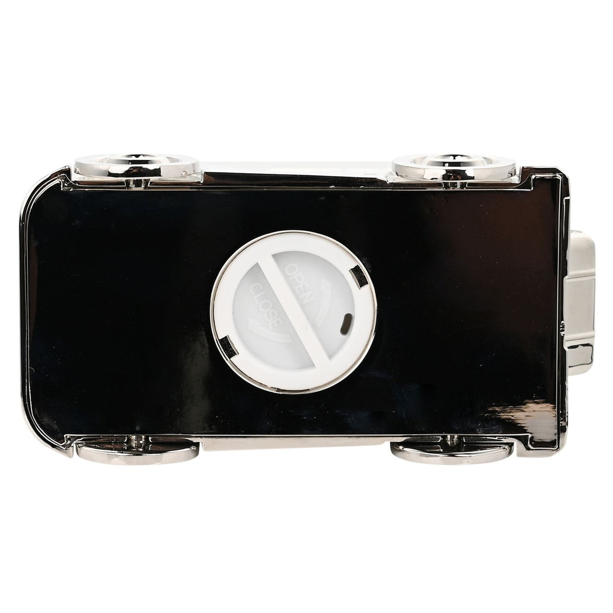 Classic Car Silverplated Money Box viewed from above, showing the round white open/close stopper, domed roof and four chrome wheels on a plain white background.