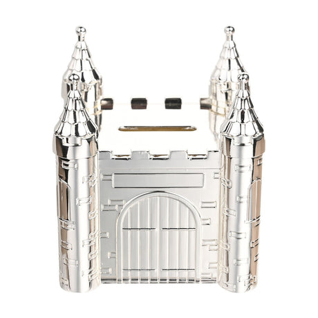Silverplated castle money box with four turrets topped by ball finials, crenellated walls, arched portcullis gate, and a coin slot, shown on a plain white background.