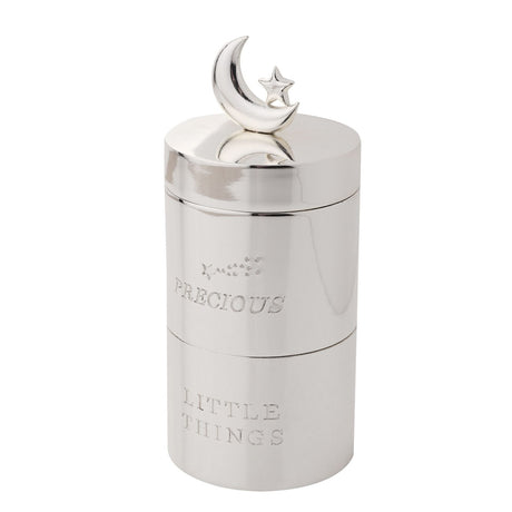 Round silverplated stacking keepsake box with crescent moon and star lid, engraved "Precious" and "Little Things" on the two tiers, shown on a white background.